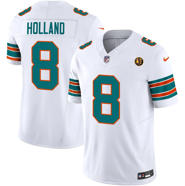 Men's White Miami Dolphins #8 Jevon Holland 2023 F.U.S.E. With John Madden Patch Alternate With John Madden Patch And 3-Star C Patch Vapor Limited Stitched Football Jersey